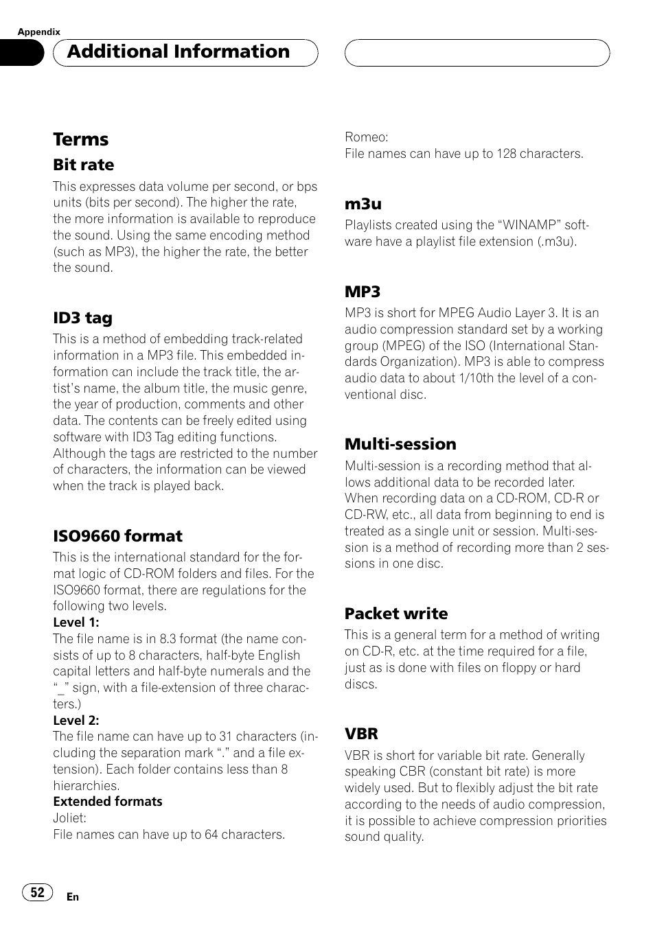 Terms 52, Terms, Additional information | Pioneer DEH-P5500MP User Manual | Page 52 / 116