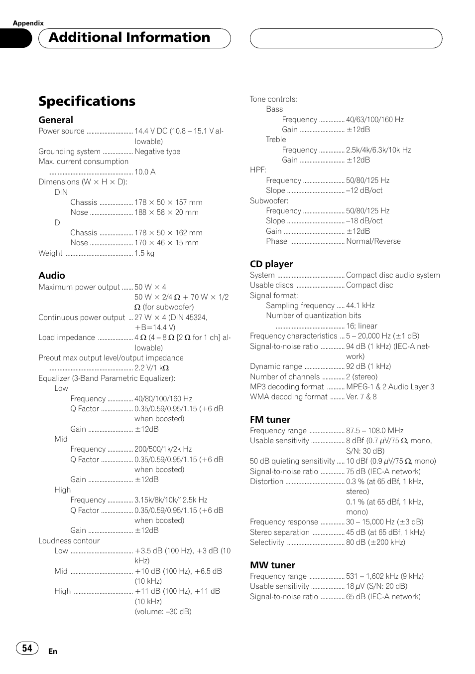 Specifications 54, Specifications, Additional information | Pioneer DEH-P5500MP User Manual | Page 54 / 116