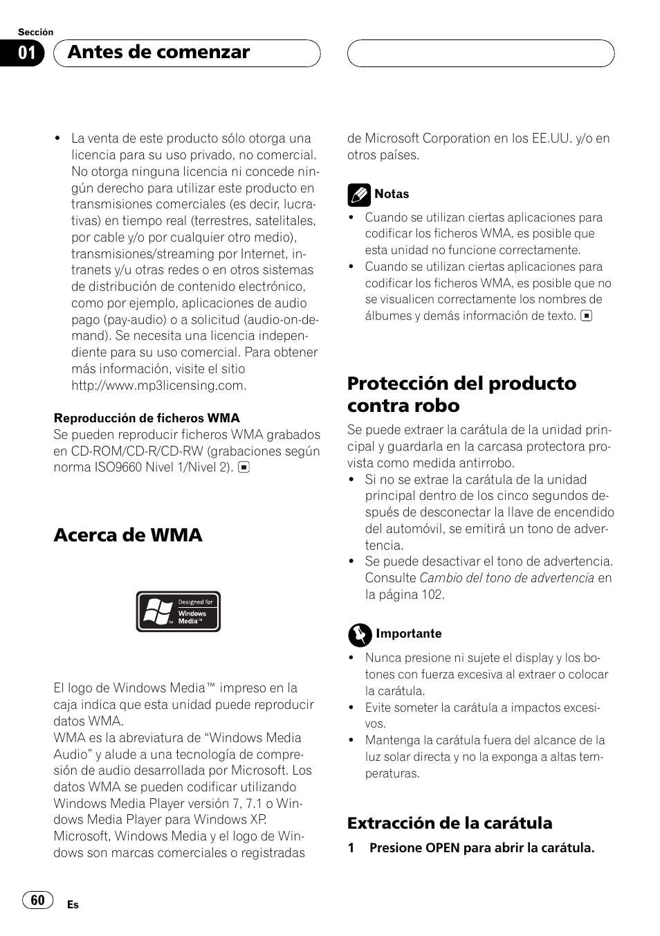 Acerca de wma 60, Protección del producto contra robo 60, Extracción de la carátula 60 | Acerca de wma, Protección del producto contra robo, Antes de comenzar, Extracción de la carátula | Pioneer DEH-P5500MP User Manual | Page 60 / 116