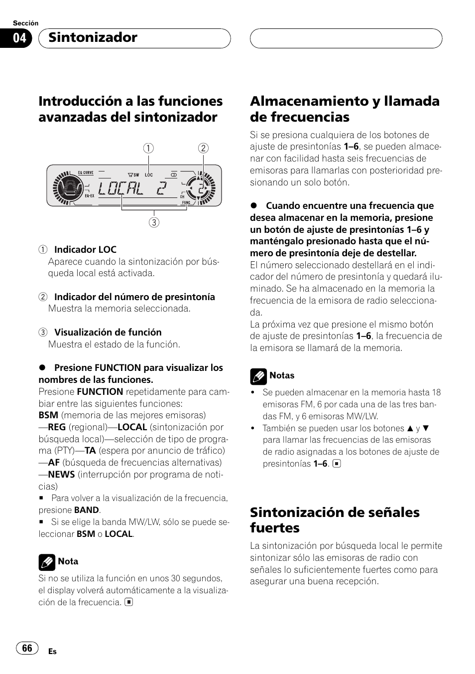 Introducción a las funciones avanzadas del, Sintonizador 66, Almacenamiento y llamada de | Frecuencias 66, Sintonización de señales fuertes 66, Guiente, Almacenamiento y llamada de frecuencias, Sintonización de señales fuertes, Sintonizador | Pioneer DEH-P5500MP User Manual | Page 66 / 116