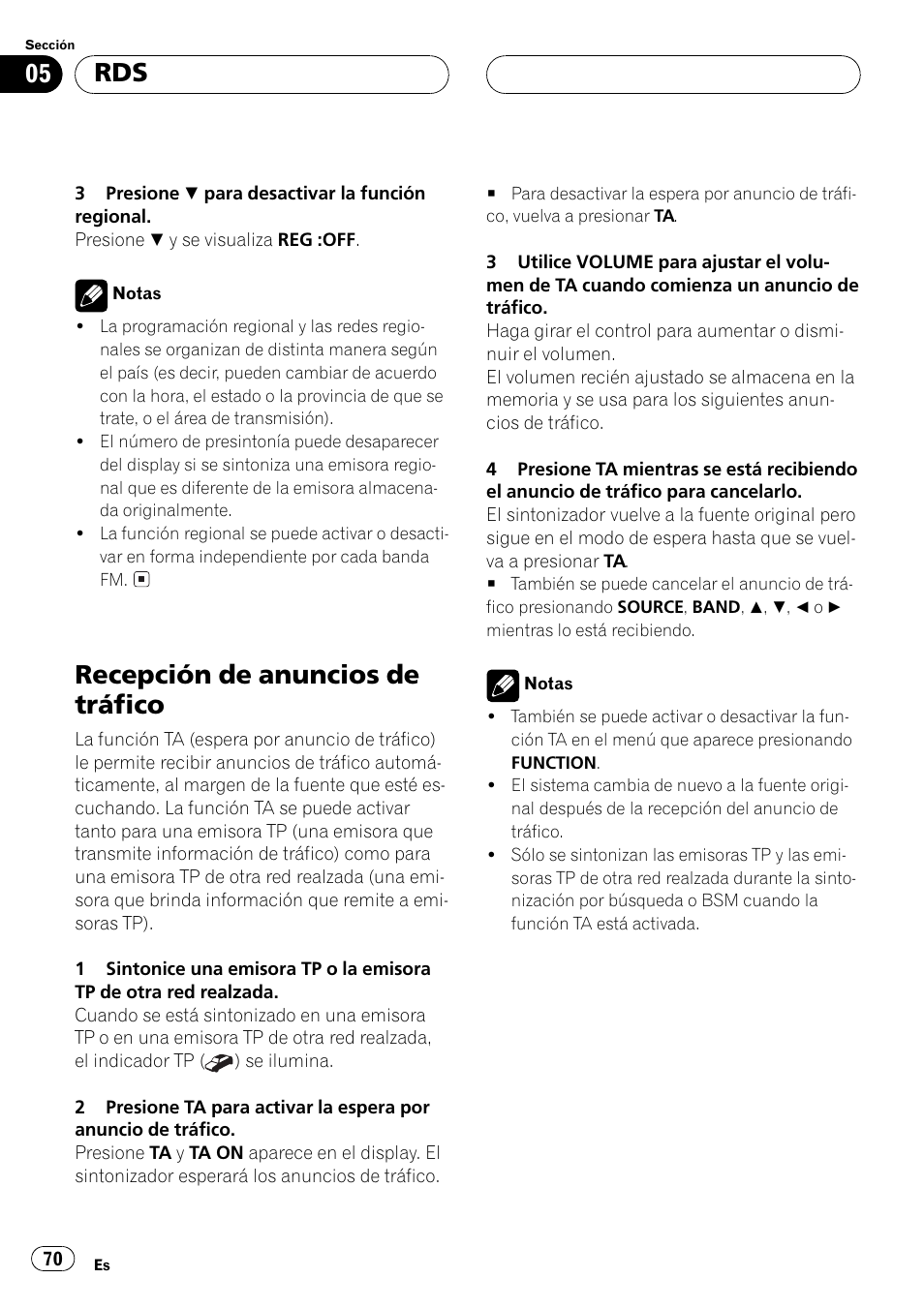 Recepción de anuncios de tráfico 70, Recepción de anuncios de tráfico | Pioneer DEH-P5500MP User Manual | Page 70 / 116