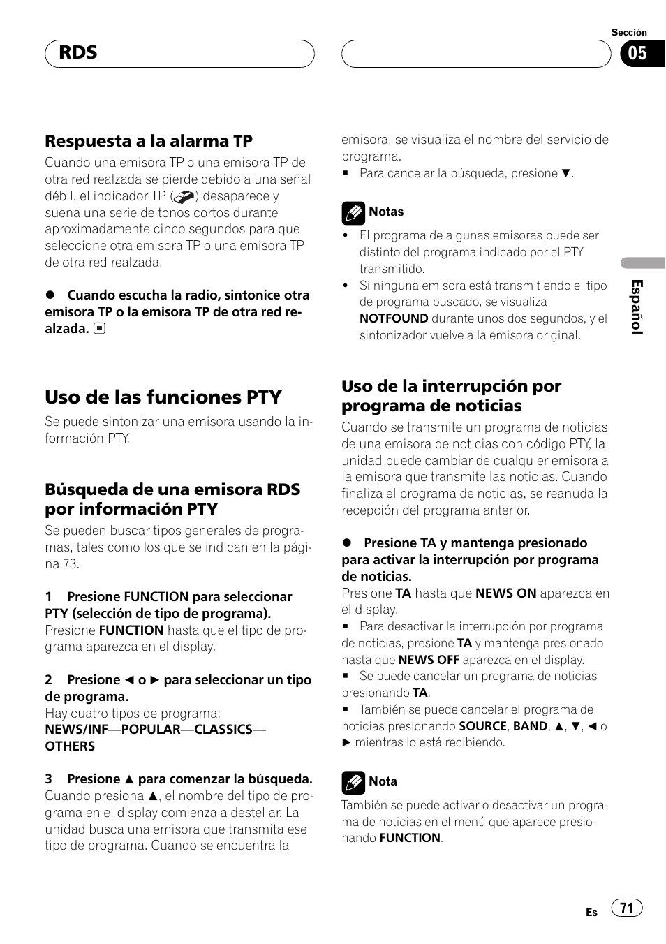 Respuesta a la alarma tp 71, Uso de las funciones pty 71, Búsqueda de una emisora rds por | Información pty 71, Uso de la interrupción por programa, De noticias 71, Uso de las funciones pty | Pioneer DEH-P5500MP User Manual | Page 71 / 116