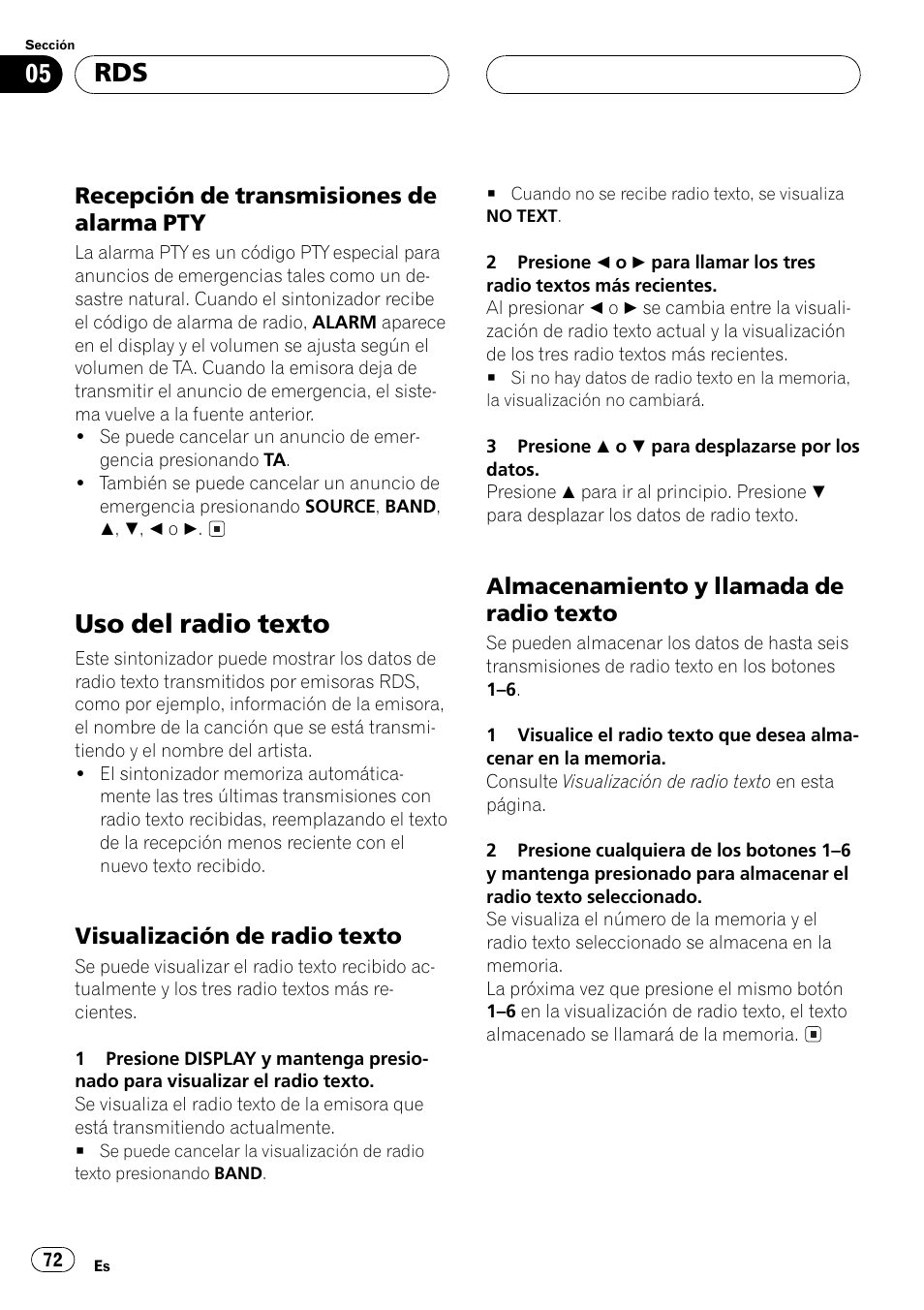 Recepción de transmisiones de, Alarma pty 72, Uso del radio texto 72 | Visualización de radio texto 72, Almacenamiento y llamada de radio, Texto 72, Uso del radio texto | Pioneer DEH-P5500MP User Manual | Page 72 / 116