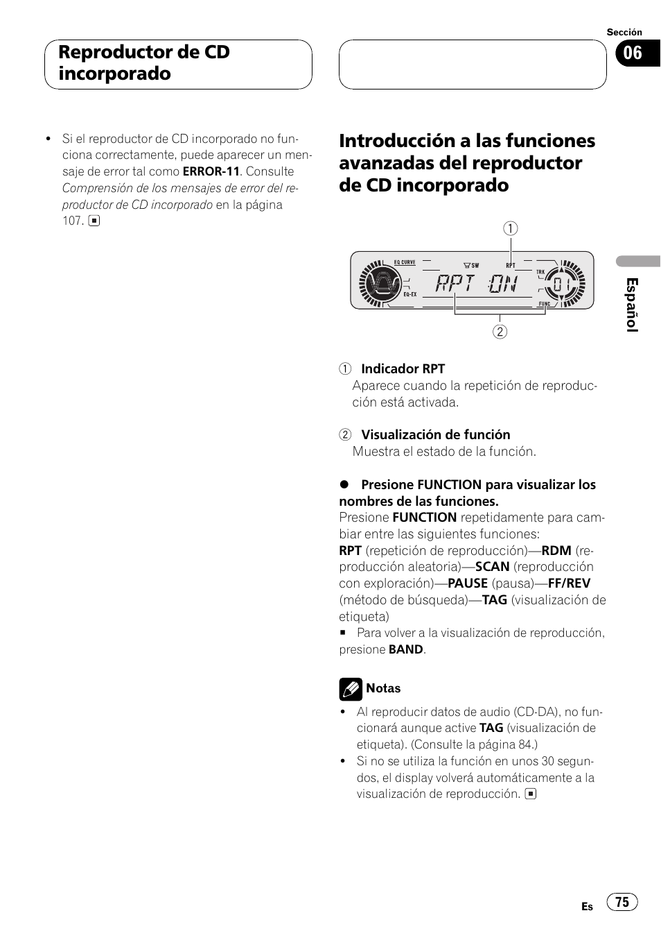 Introducción a las funciones avanzadas del, Reproductor de cd incorporado 75, Reproductor de cd incorporado | Pioneer DEH-P5500MP User Manual | Page 75 / 116