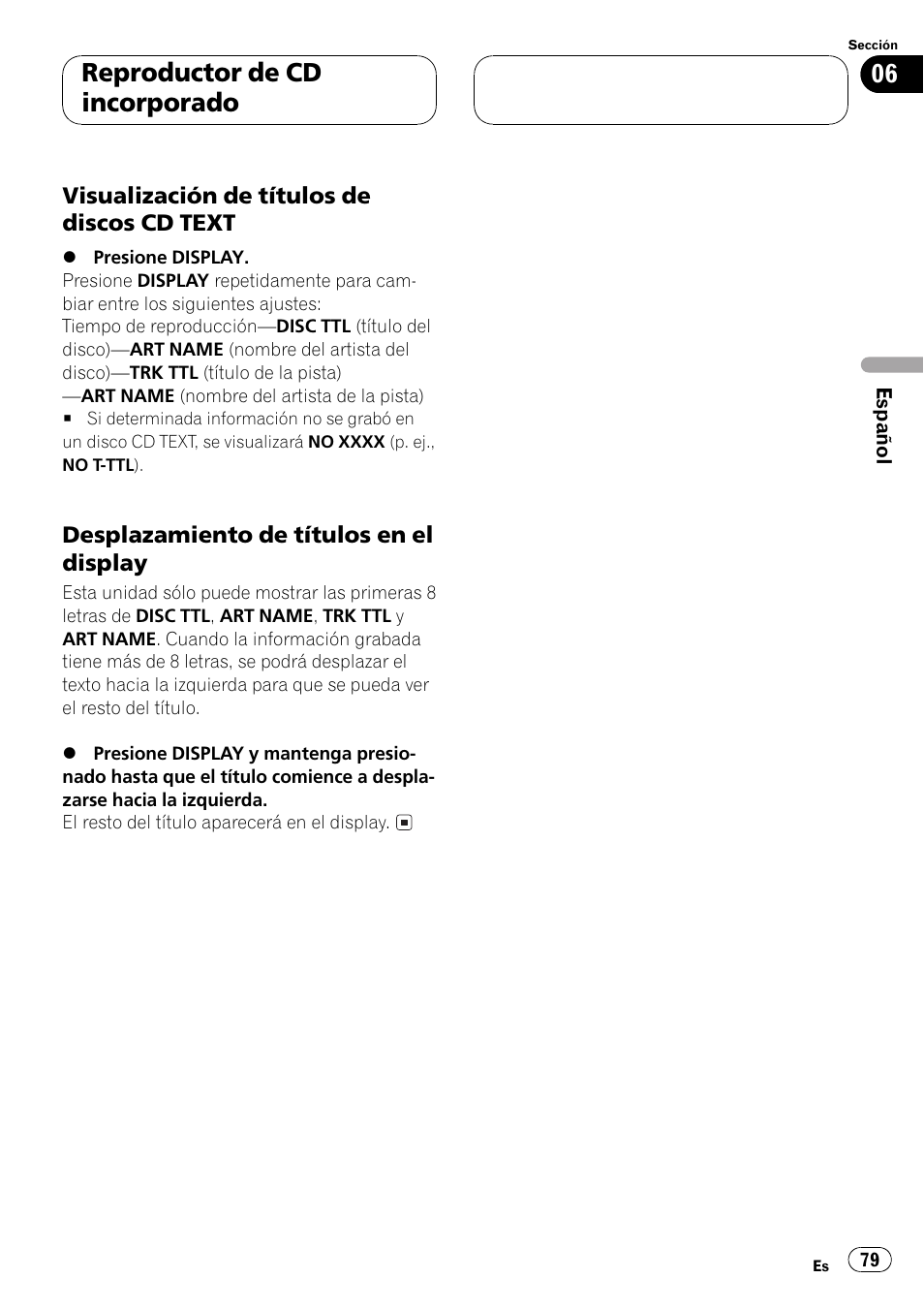 Visualización de títulos de discos cd, Text 79, Desplazamiento de títulos en el | Display 79, Reproductor de cd incorporado | Pioneer DEH-P5500MP User Manual | Page 79 / 116