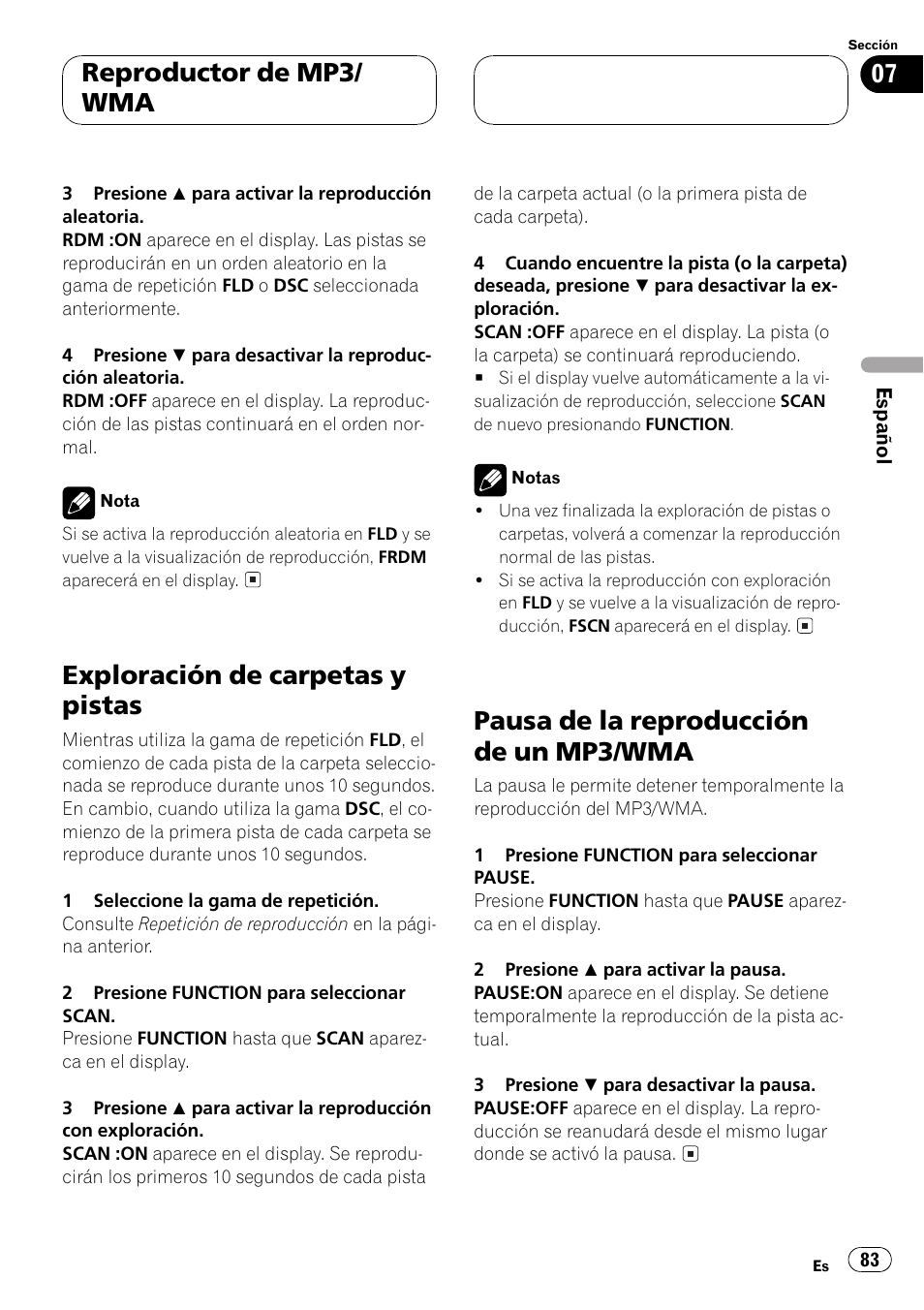 Exploración de carpetas y pistas 83, Pausa de la reproducción de un mp3, Wma 83 | Exploración de carpetas y pistas, Pausa de la reproducción de un mp3/wma, Reproductor de mp3/ wma | Pioneer DEH-P5500MP User Manual | Page 83 / 116