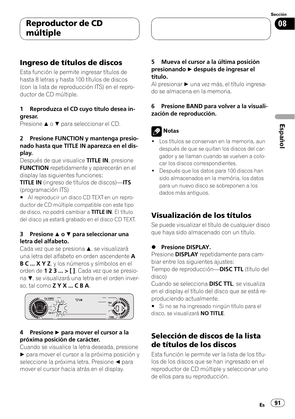 Ingreso de títulos de discos 91, Visualización de los títulos 91, Selección de discos de la lista de | Títulos de los discos 91, Reproductor de cd múltiple, Ingreso de títulos de discos, Visualización de los títulos | Pioneer DEH-P5500MP User Manual | Page 91 / 116