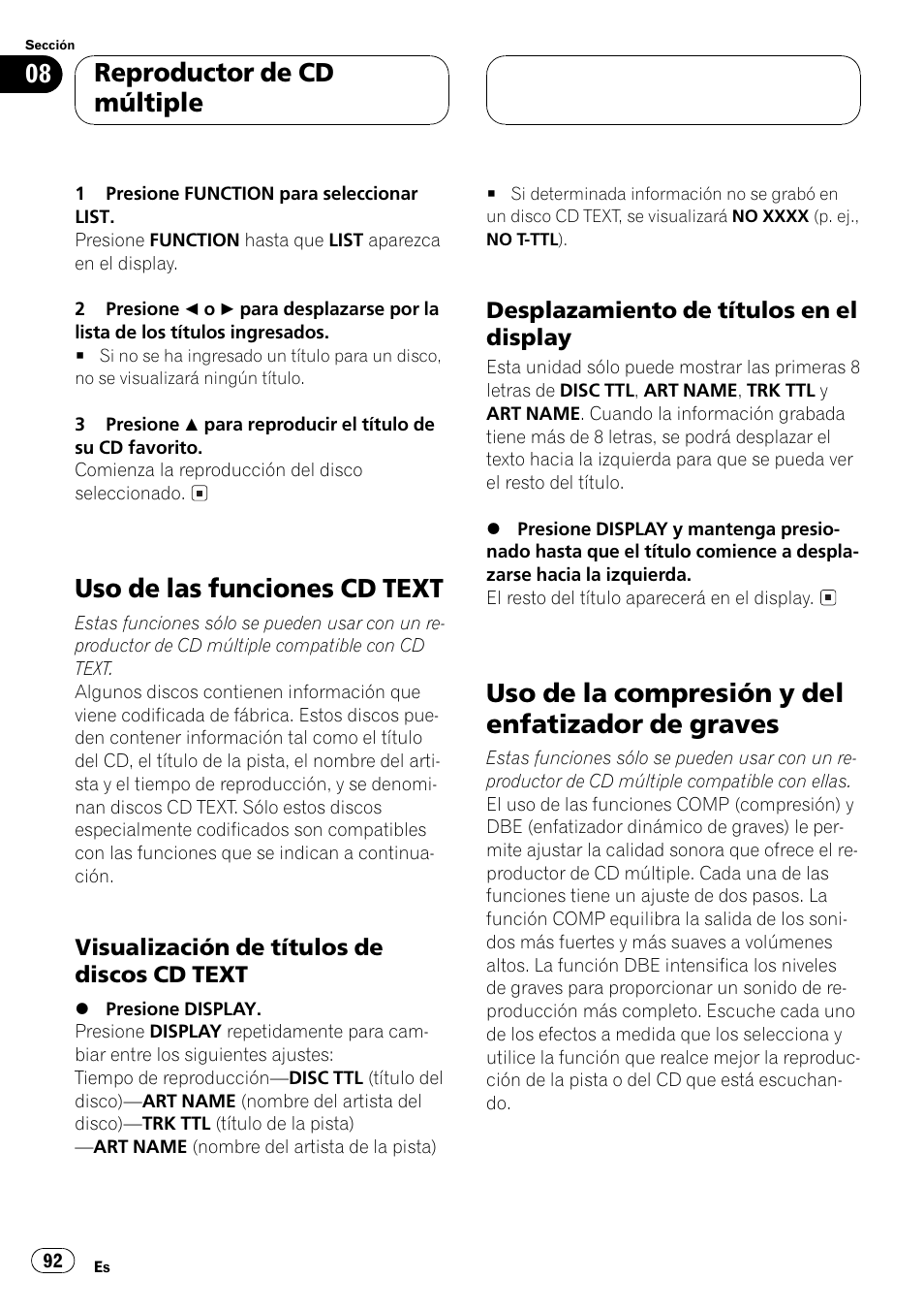 Uso de las funciones cd text 92, Visualización de títulos de discos cd, Text 92 | Desplazamiento de títulos en el, Display 92, Uso de la compresión y del enfatizador de, Graves 92, Uso de las funciones cd text, Uso de la compresión y del enfatizador de graves, Reproductor de cd múltiple | Pioneer DEH-P5500MP User Manual | Page 92 / 116