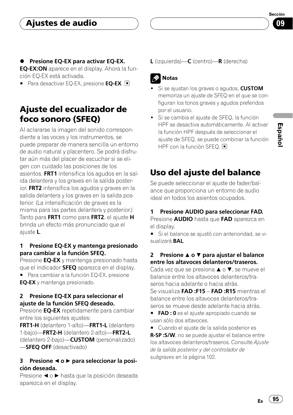 Ajuste del ecualizador de foco sonoro, Sfeq) 95, Uso del ajuste del balance 95 | Ajuste del ecualizador de foco sonoro (sfeq), Uso del ajuste del balance, Ajustes de audio | Pioneer DEH-P5500MP User Manual | Page 95 / 116