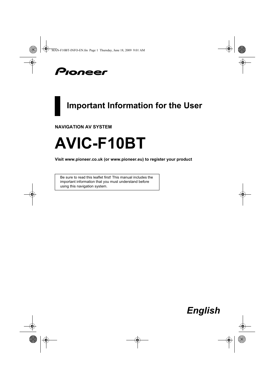 Pioneer AVIC-F10BT User Manual | 20 pages