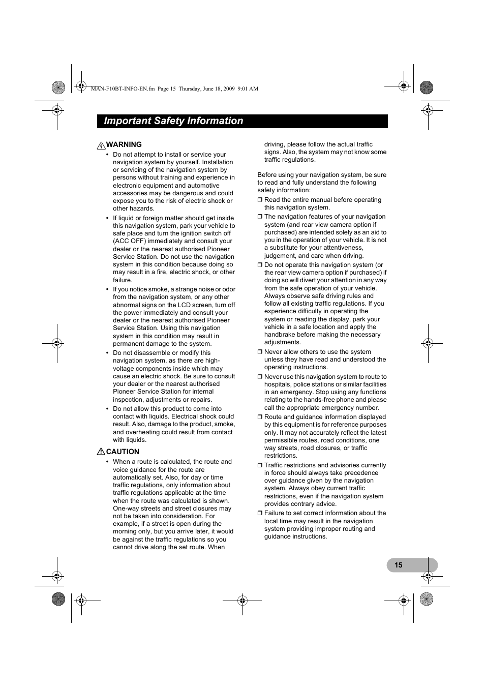 Important safety information | Pioneer AVIC-F10BT User Manual | Page 15 / 20