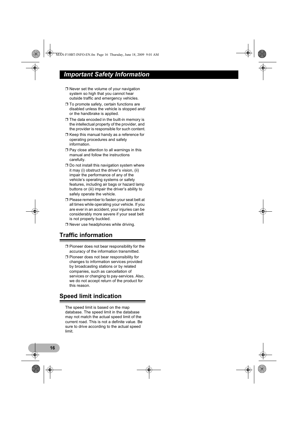 Traffic information, Speed limit indication, Important safety information | Pioneer AVIC-F10BT User Manual | Page 16 / 20