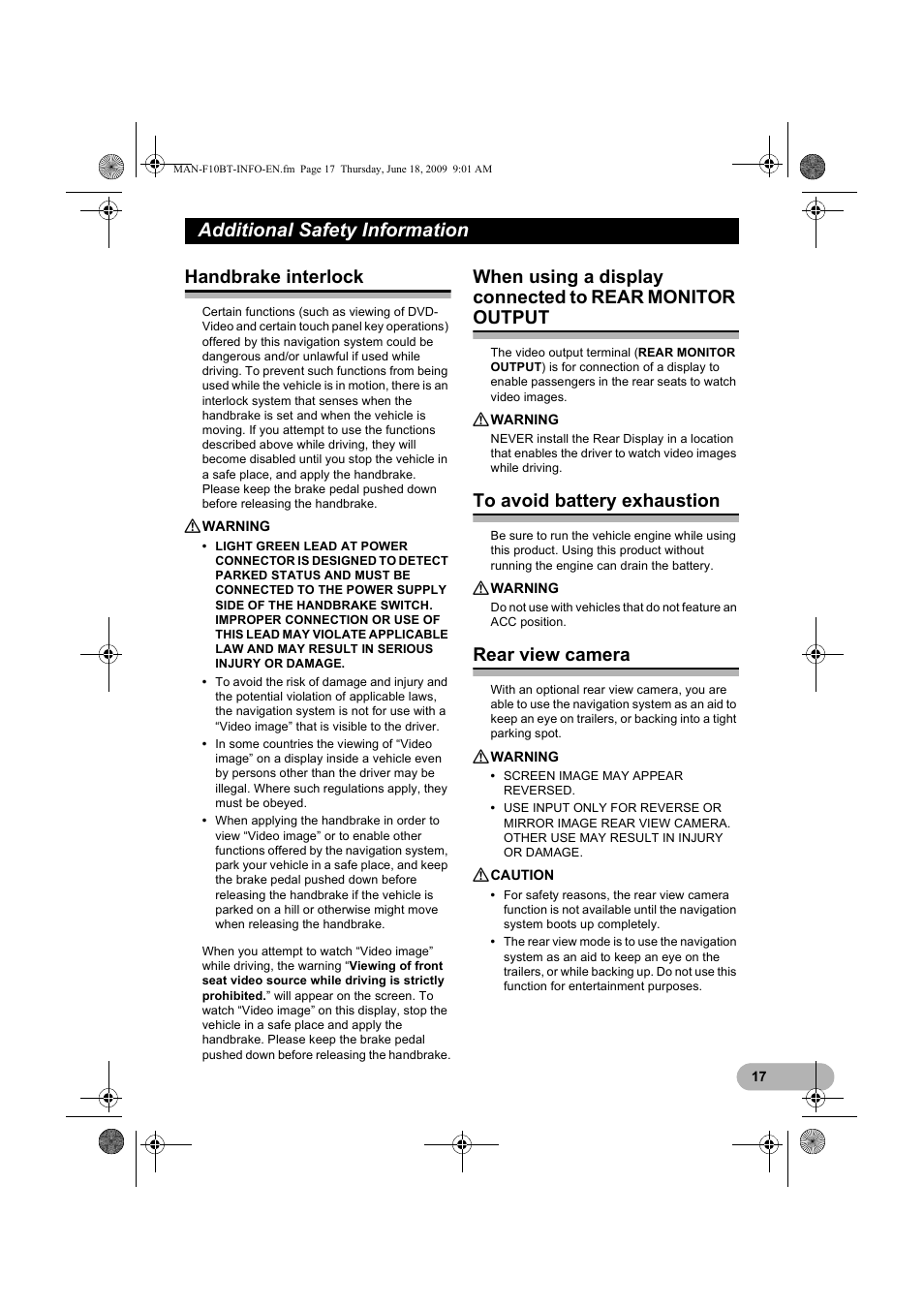 Additional safety information, Handbrake interlock, When using a display connected to | To avoid battery exhaustion, Rear view camera | Pioneer AVIC-F10BT User Manual | Page 17 / 20