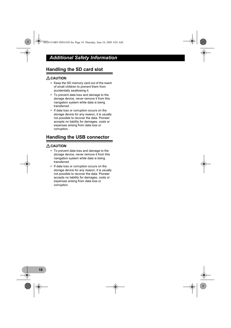 Handling the sd card slot, Handling the usb connector, Additional safety information | Pioneer AVIC-F10BT User Manual | Page 18 / 20