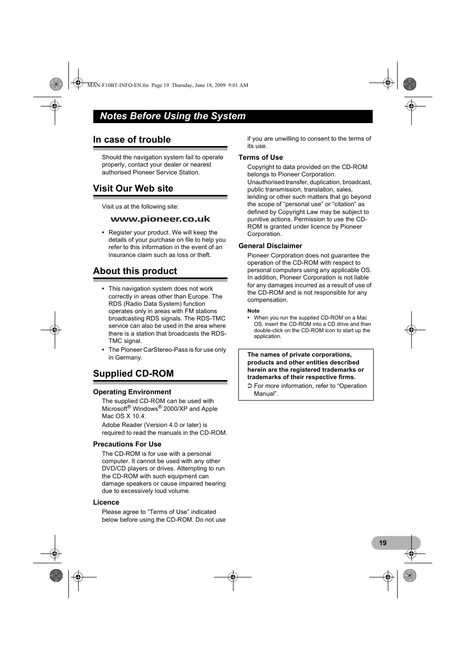 Notes before using the system, In case of trouble, Visit our web site | About this product, Supplied cd-rom | Pioneer AVIC-F10BT User Manual | Page 19 / 20