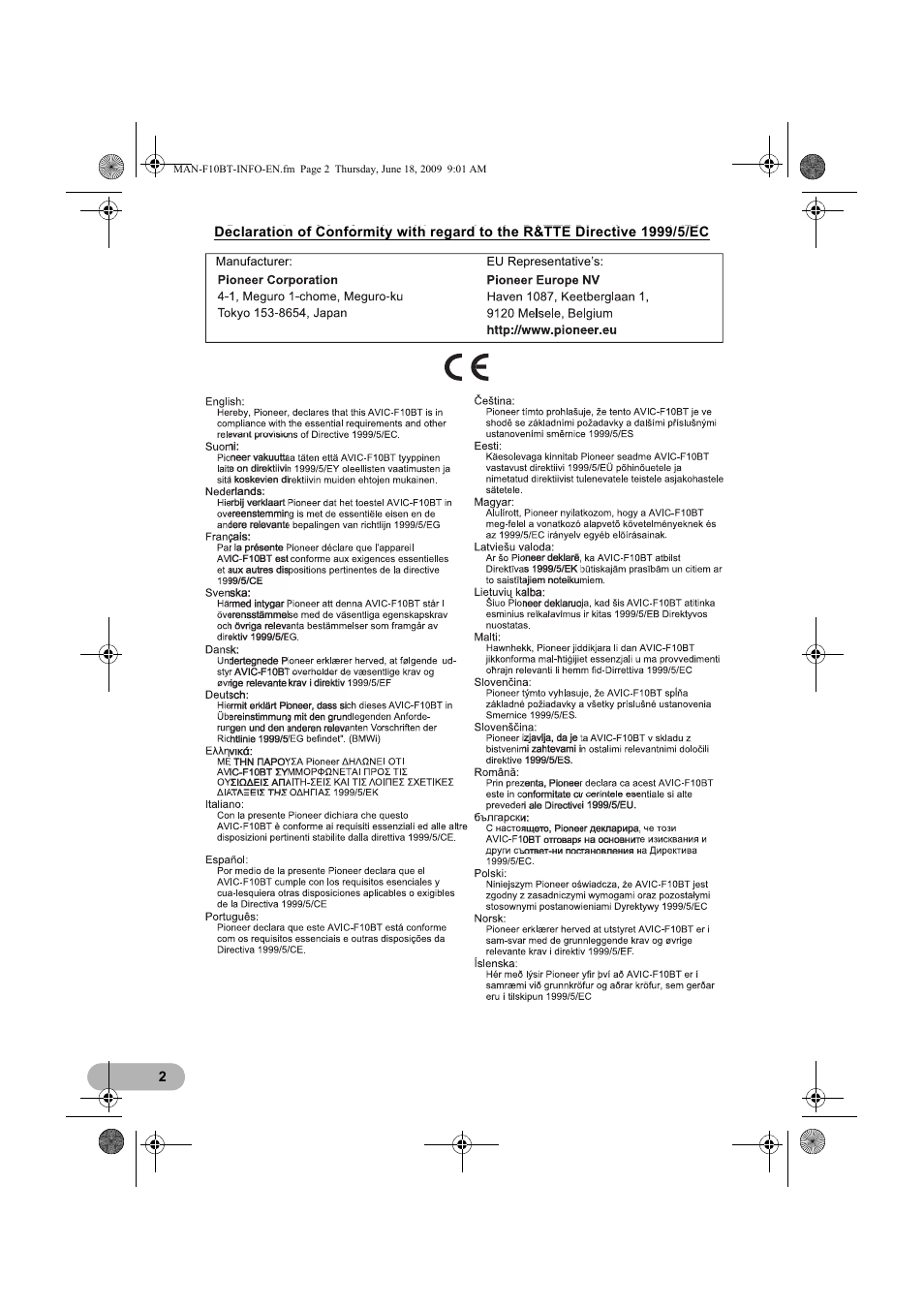Pioneer AVIC-F10BT User Manual | Page 2 / 20