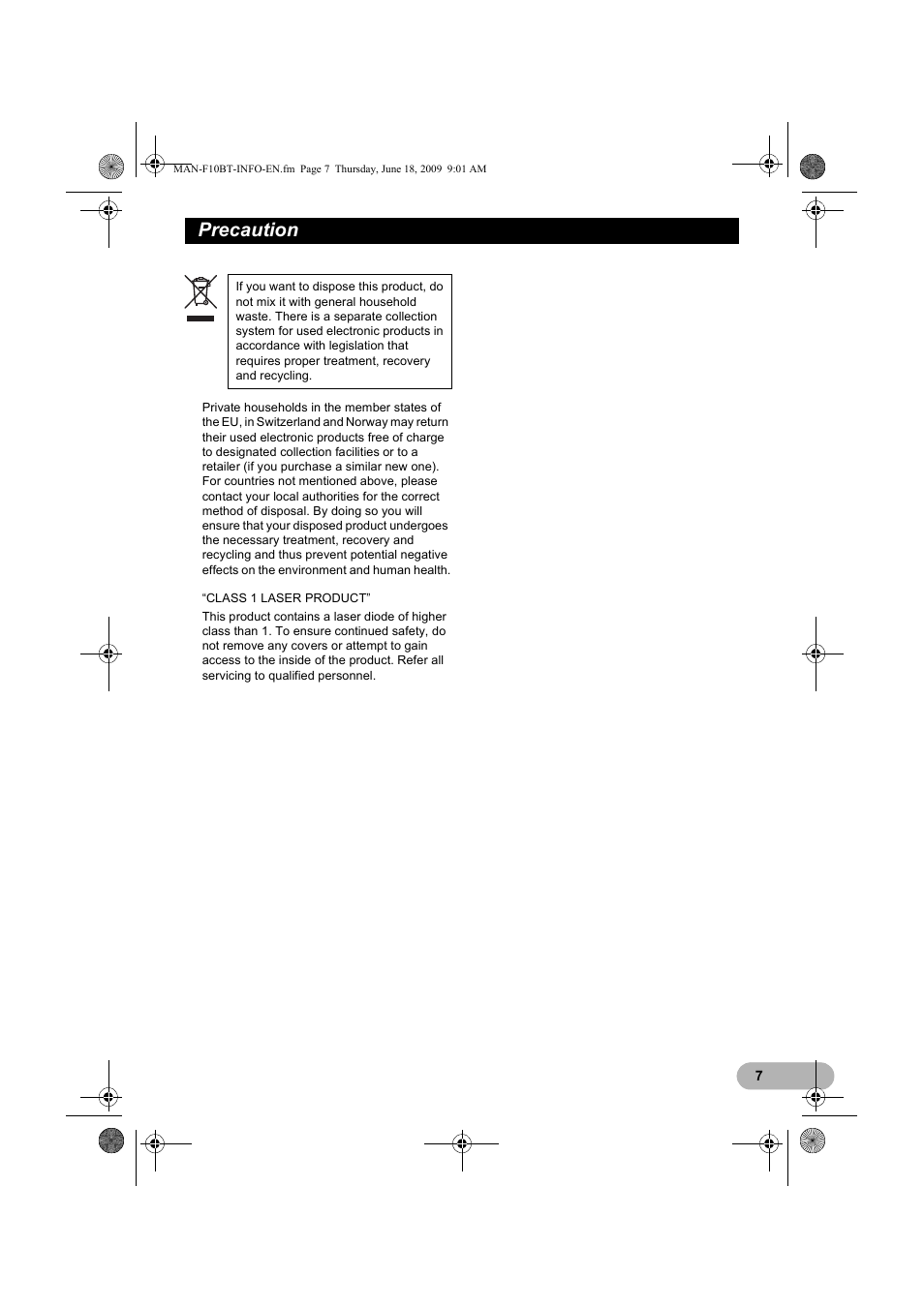 Precaution | Pioneer AVIC-F10BT User Manual | Page 7 / 20