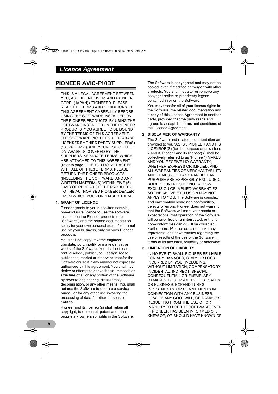 Licence agreement, Pioneer a, Pioneer avic-f10bt | Pioneer AVIC-F10BT User Manual | Page 8 / 20
