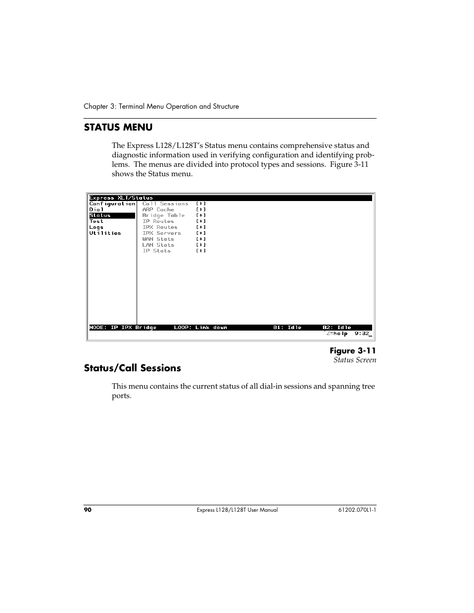 Status menu, Status/call sessions | ADTRAN L128 User Manual | Page 107 / 200