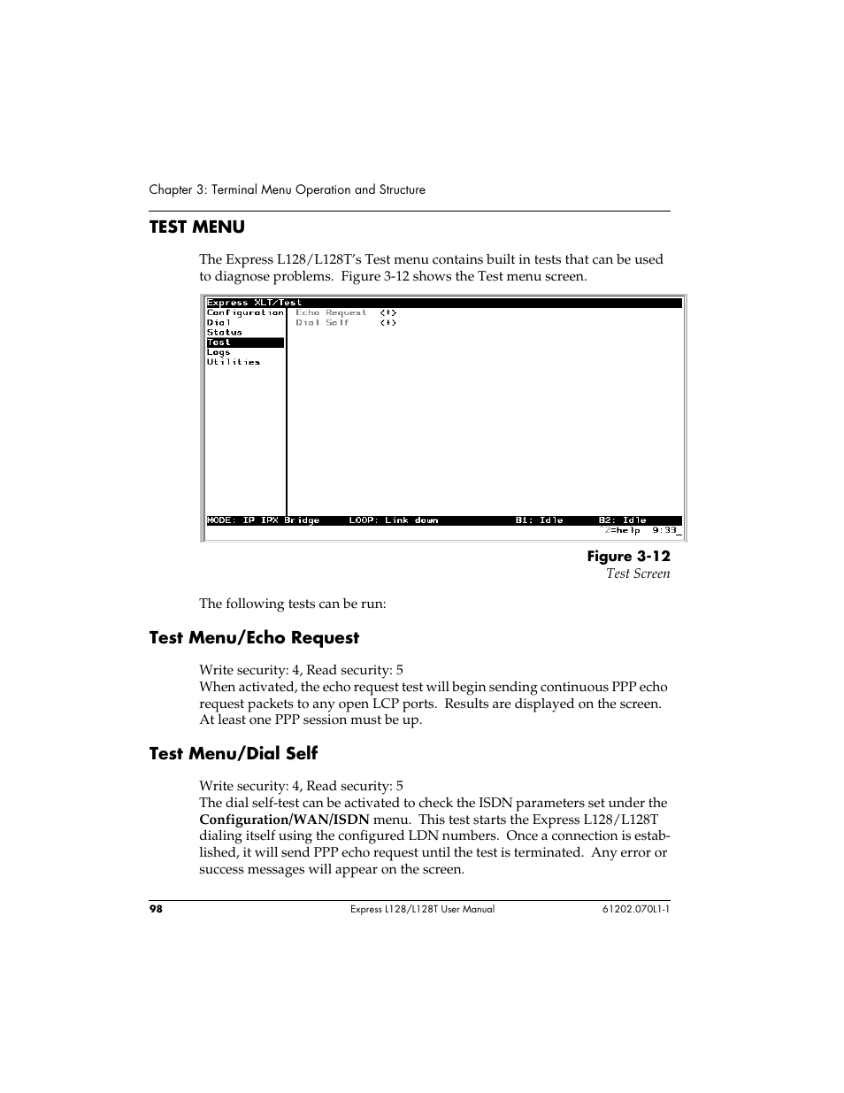 Test menu, Test menu/echo request, Test menu/dial self | ADTRAN L128 User Manual | Page 115 / 200