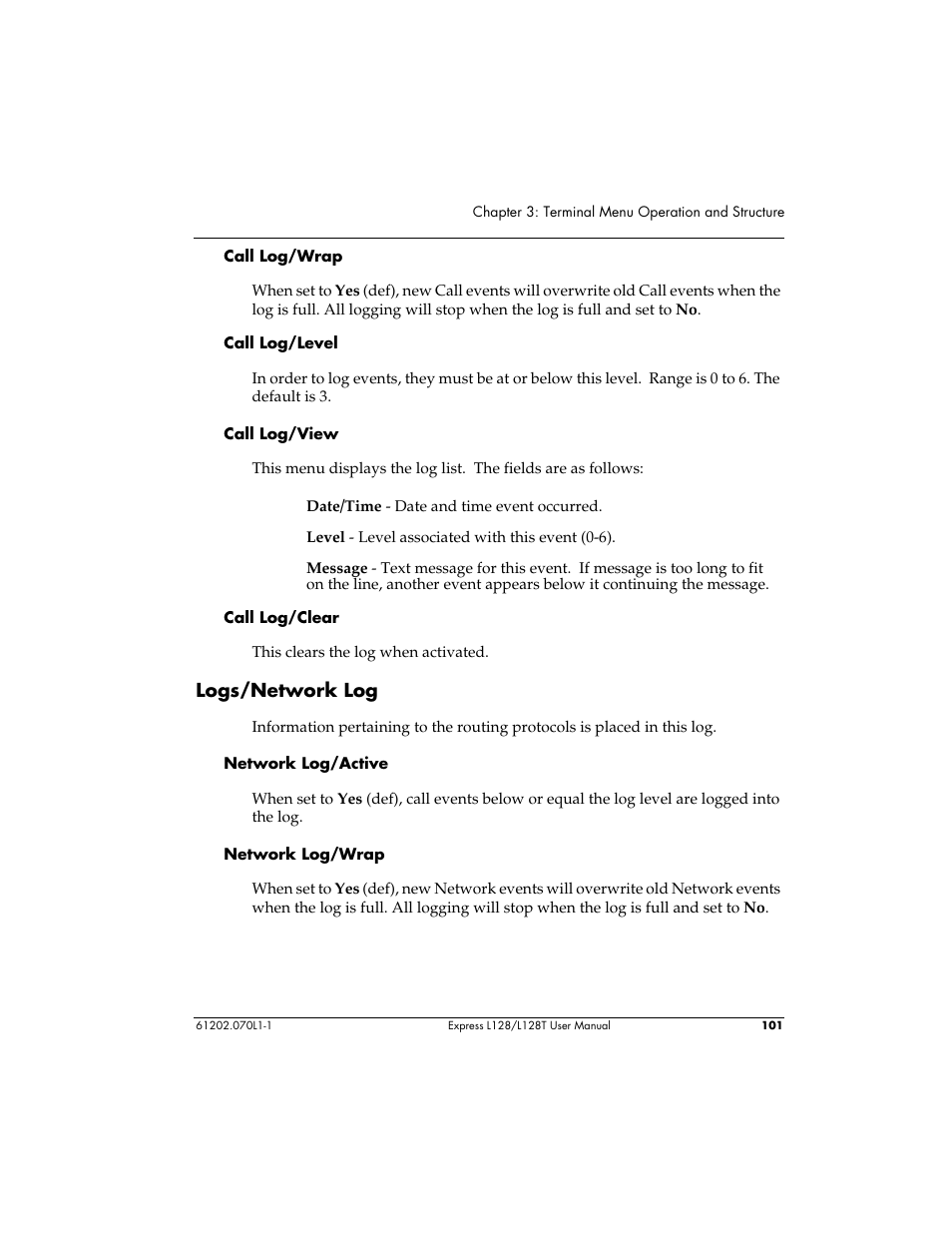 Logs/network log | ADTRAN L128 User Manual | Page 118 / 200