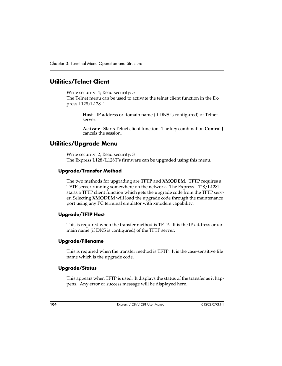 Utilities/telnet client, Utilities/upgrade menu | ADTRAN L128 User Manual | Page 121 / 200