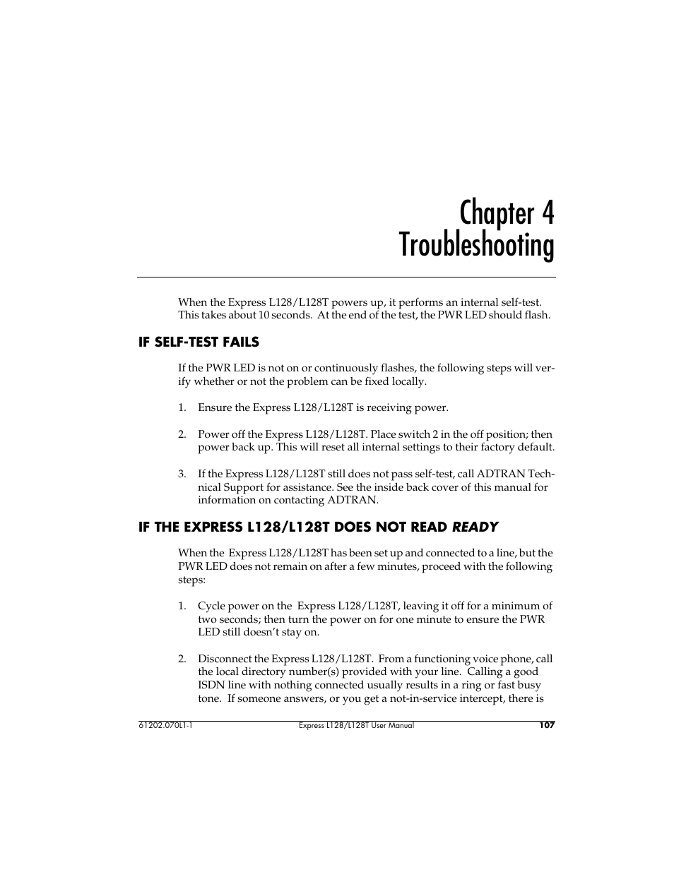 Chapter 4 troubleshooting | ADTRAN L128 User Manual | Page 124 / 200
