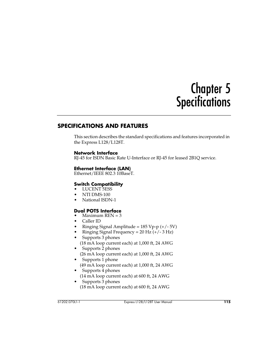 Chapter 5 specifications | ADTRAN L128 User Manual | Page 132 / 200