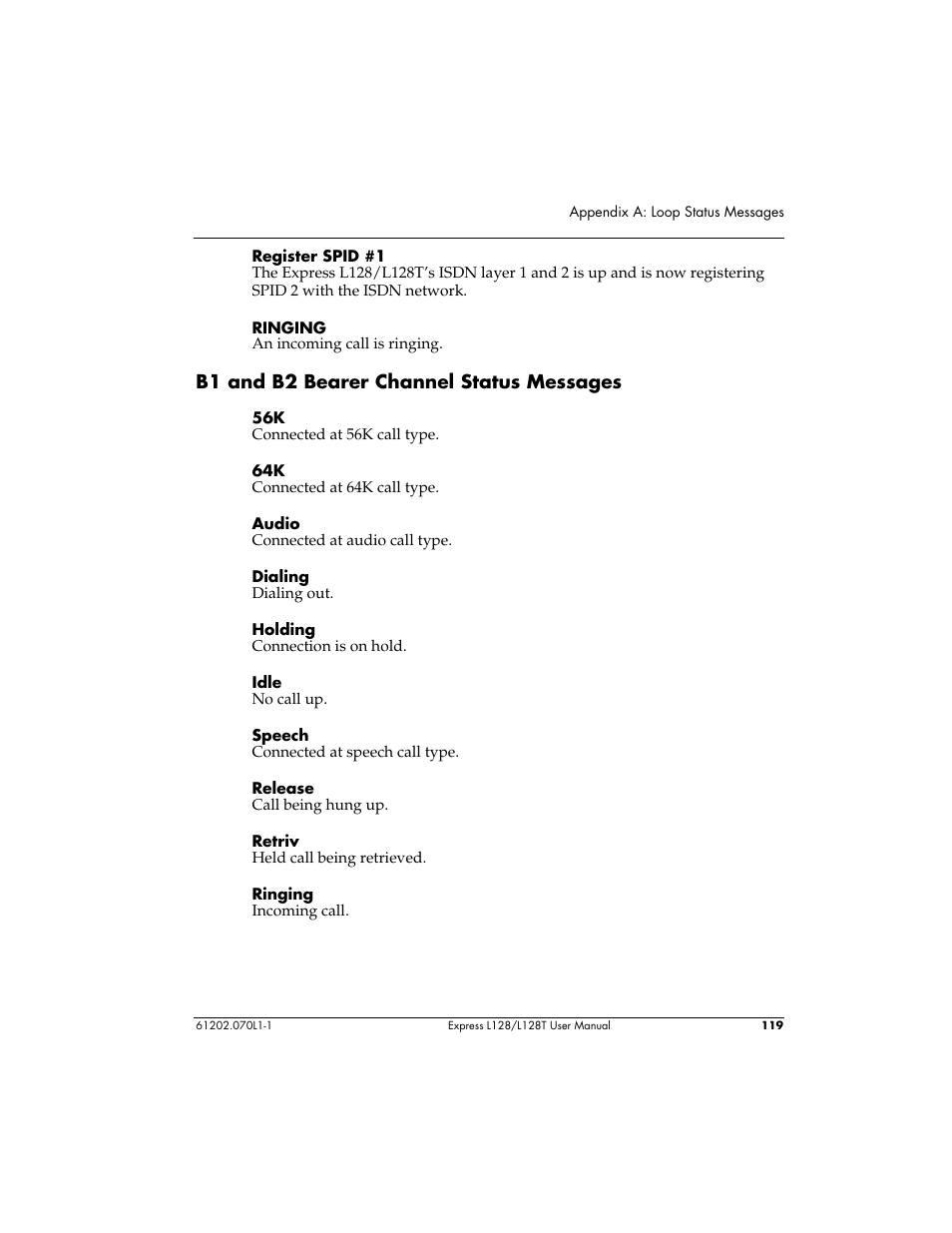 B1 and b2 bearer channel status messages | ADTRAN L128 User Manual | Page 136 / 200