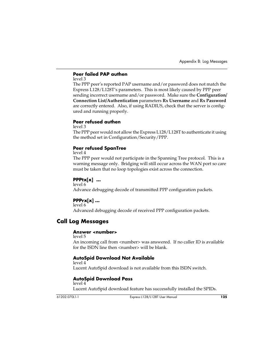 Call log messages | ADTRAN L128 User Manual | Page 142 / 200