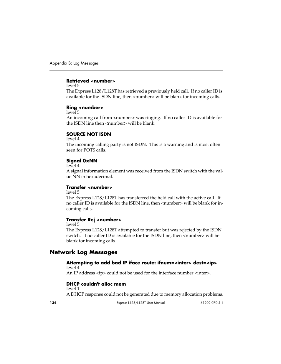 Network log messages | ADTRAN L128 User Manual | Page 151 / 200