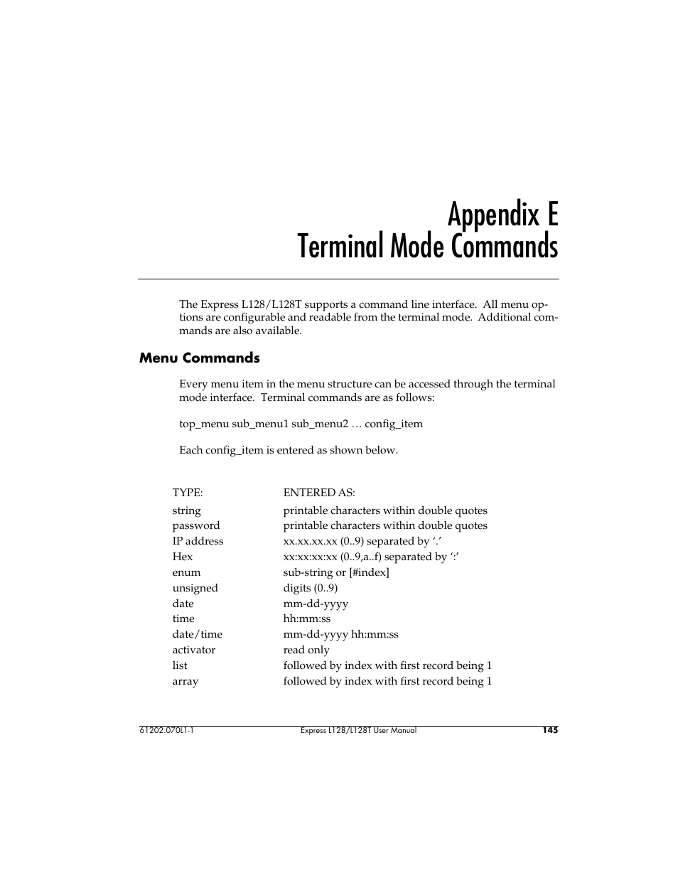 Appendix e terminal mode commands | ADTRAN L128 User Manual | Page 162 / 200