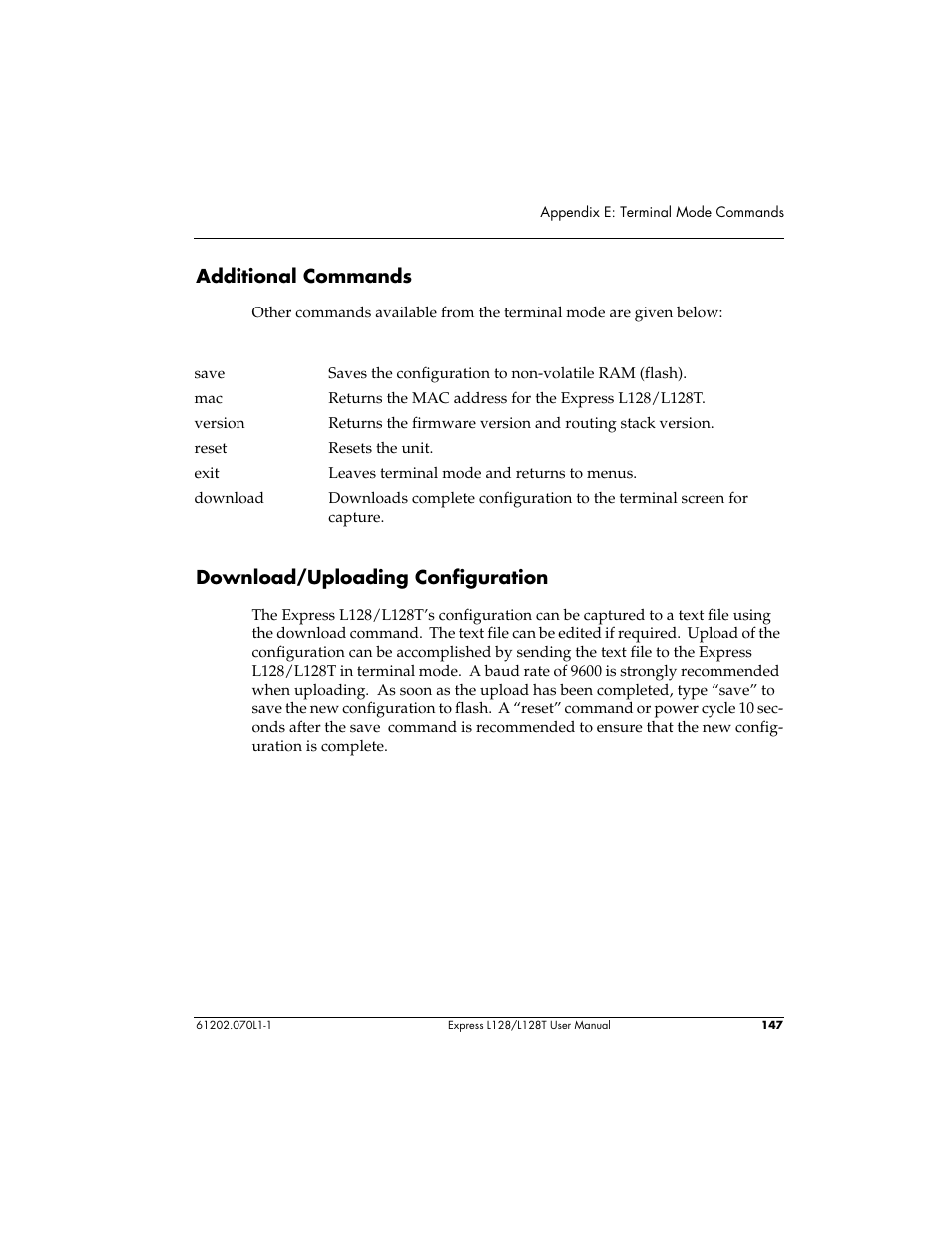 Additional commands, Download/uploading configuration | ADTRAN L128 User Manual | Page 164 / 200