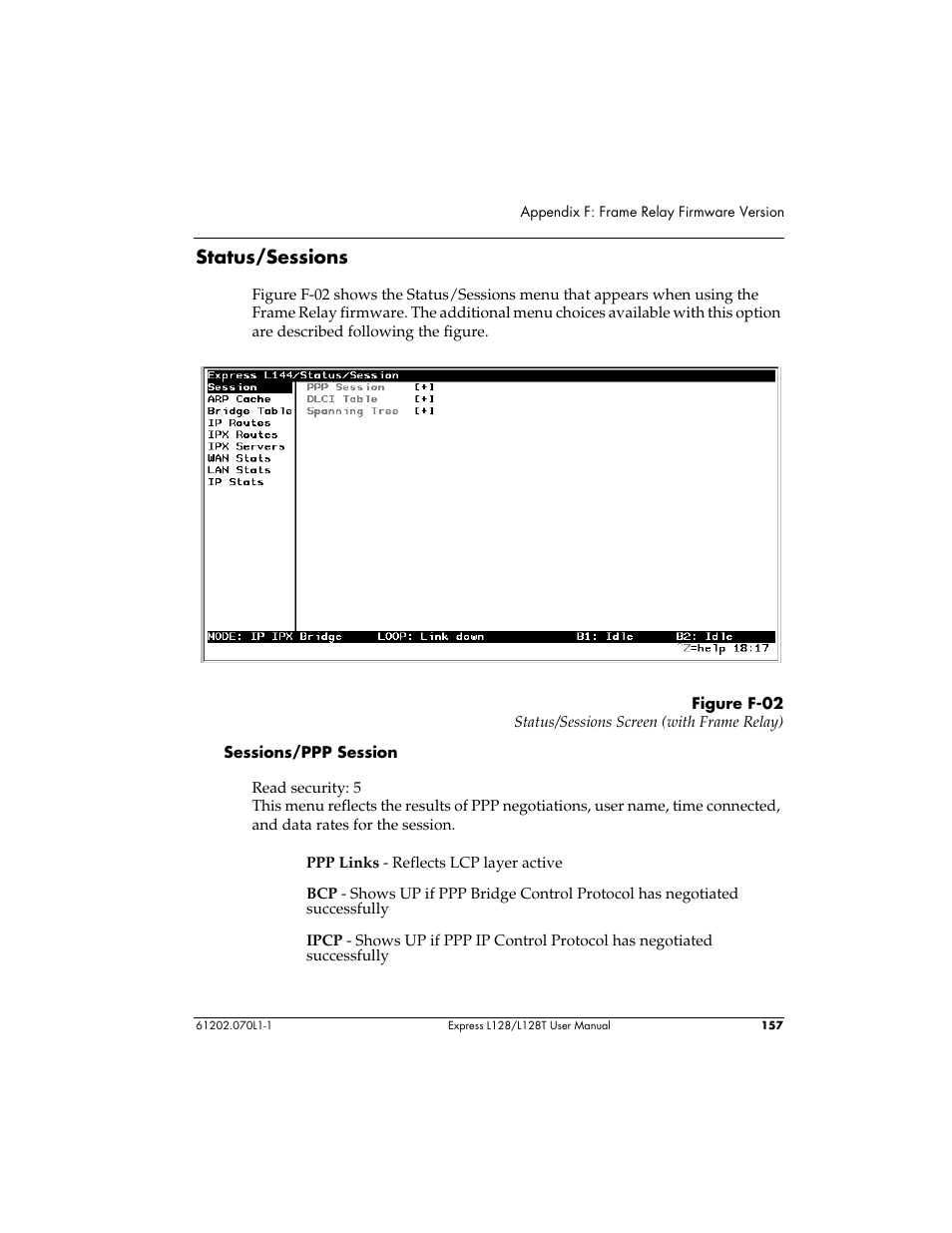 Status/sessions | ADTRAN L128 User Manual | Page 174 / 200