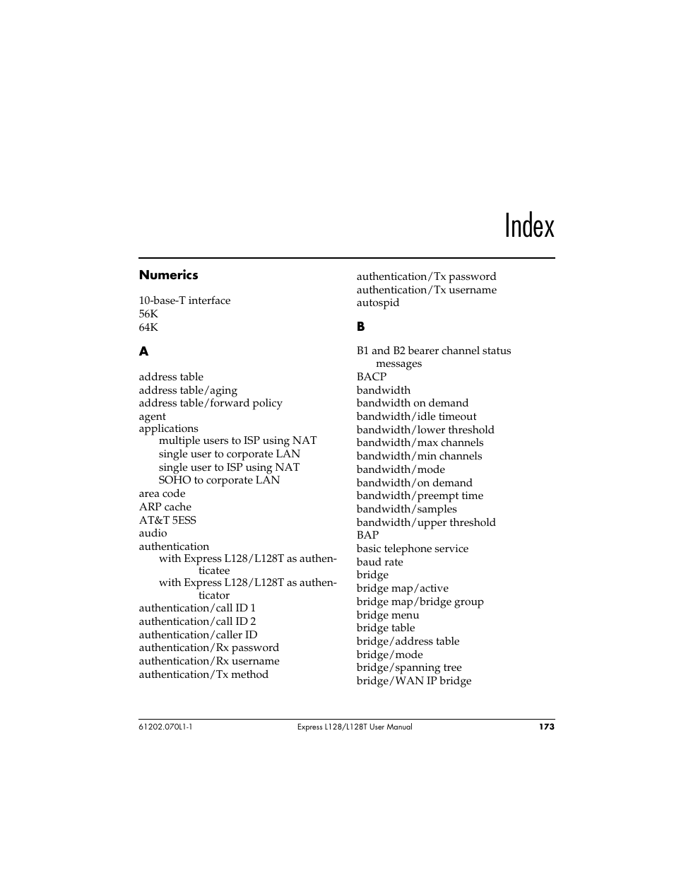 Index | ADTRAN L128 User Manual | Page 190 / 200