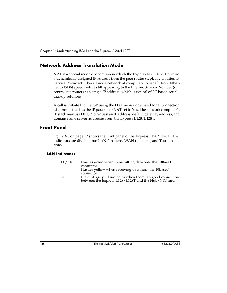 Network address translation mode, Front panel | ADTRAN L128 User Manual | Page 33 / 200