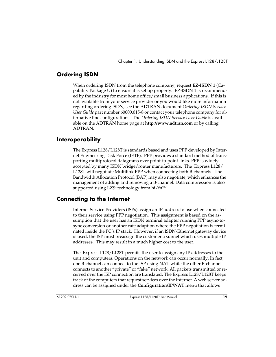 Ordering isdn, Interoperability, Connecting to the internet | ADTRAN L128 User Manual | Page 36 / 200