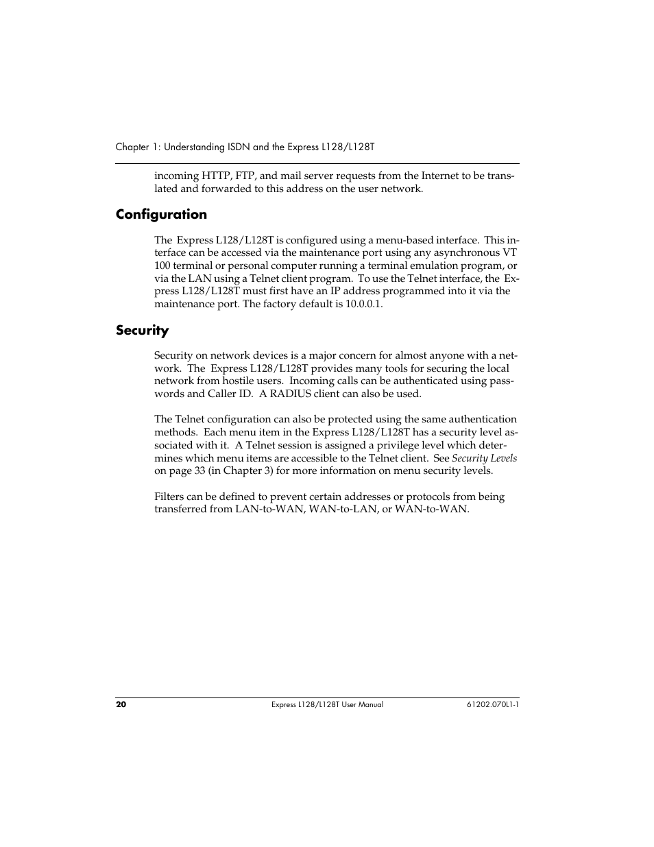 Configuration, Security | ADTRAN L128 User Manual | Page 37 / 200