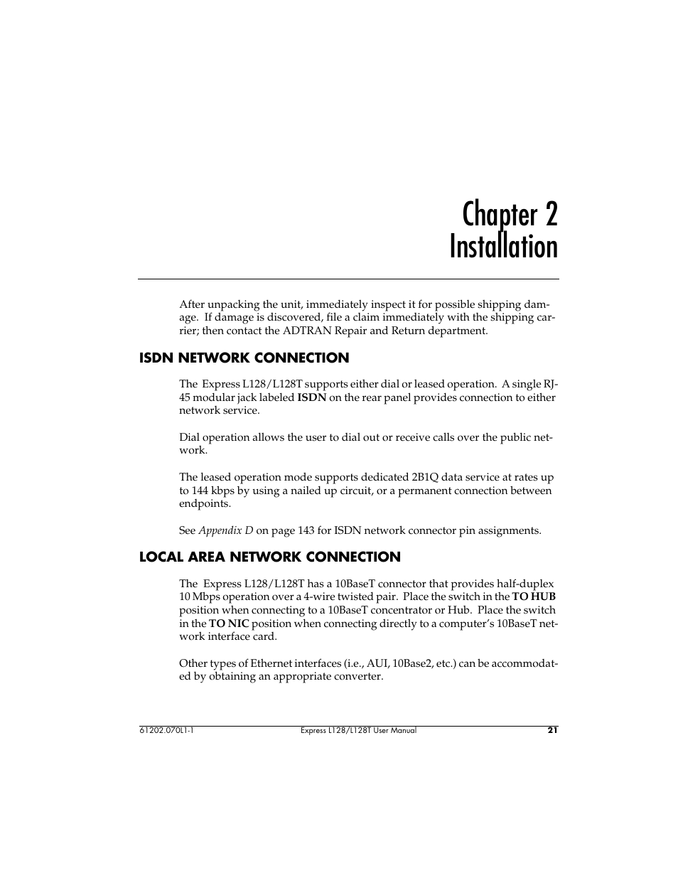 Chapter 2 installation | ADTRAN L128 User Manual | Page 38 / 200