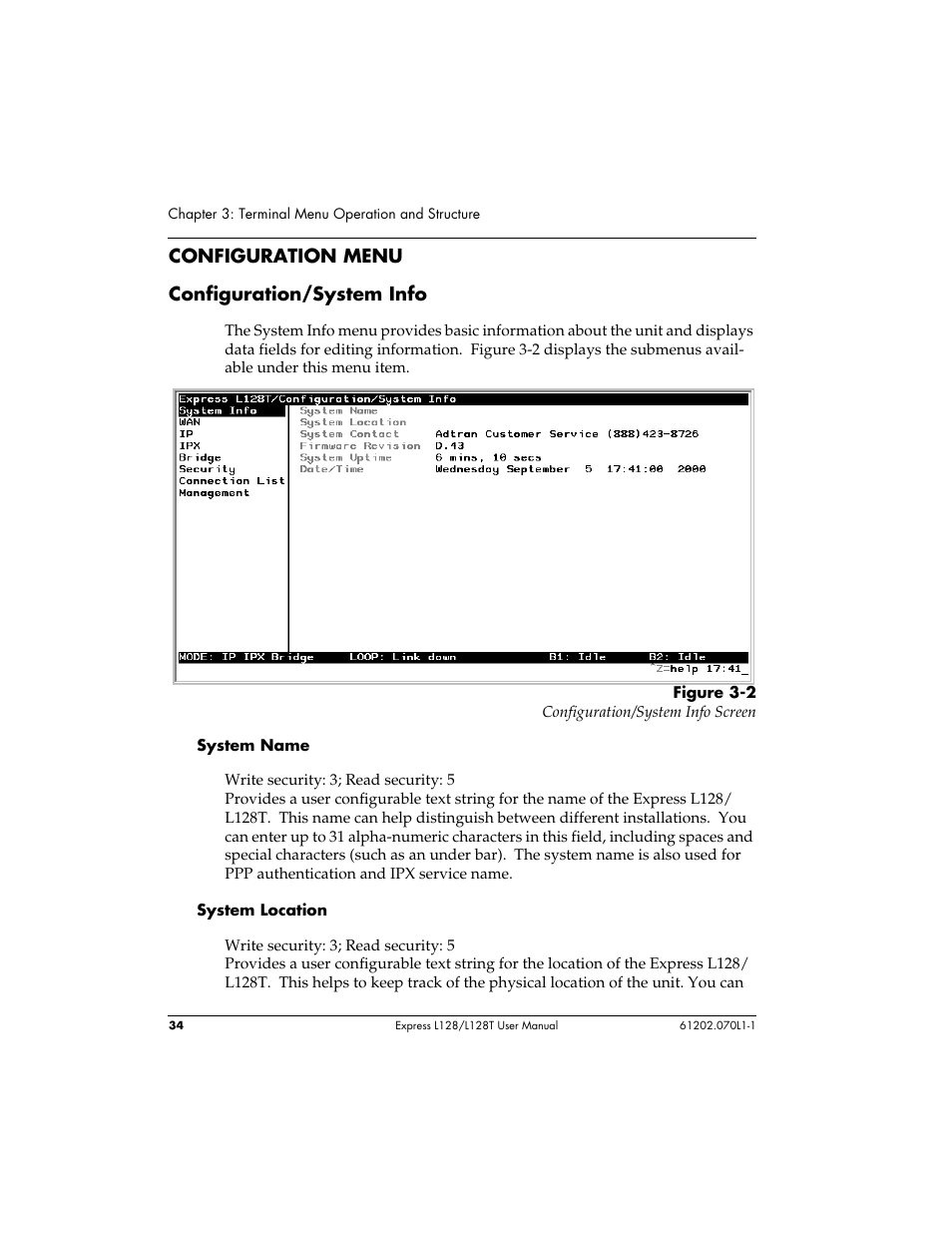 Configuration menu configuration/system info | ADTRAN L128 User Manual | Page 51 / 200