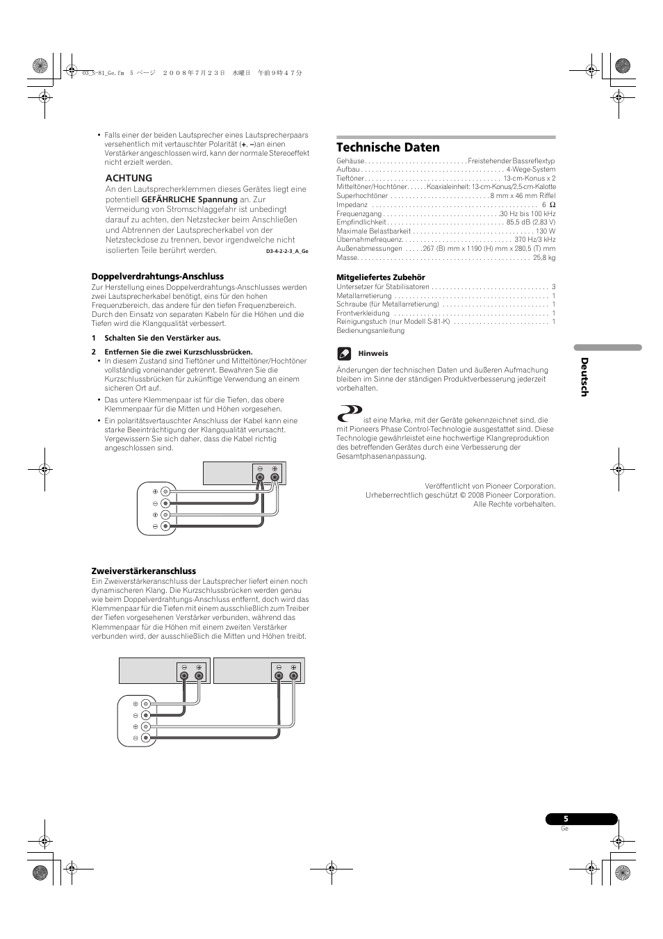 Technische daten, Achtung | Pioneer S-81-QL User Manual | Page 13 / 54