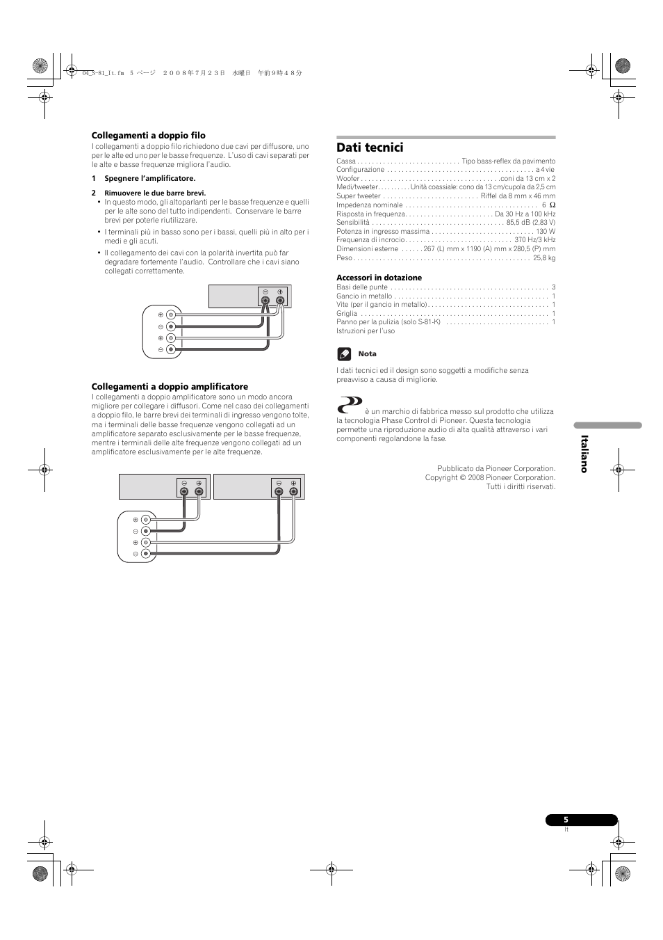 Dati tecnici | Pioneer S-81-QL User Manual | Page 17 / 54