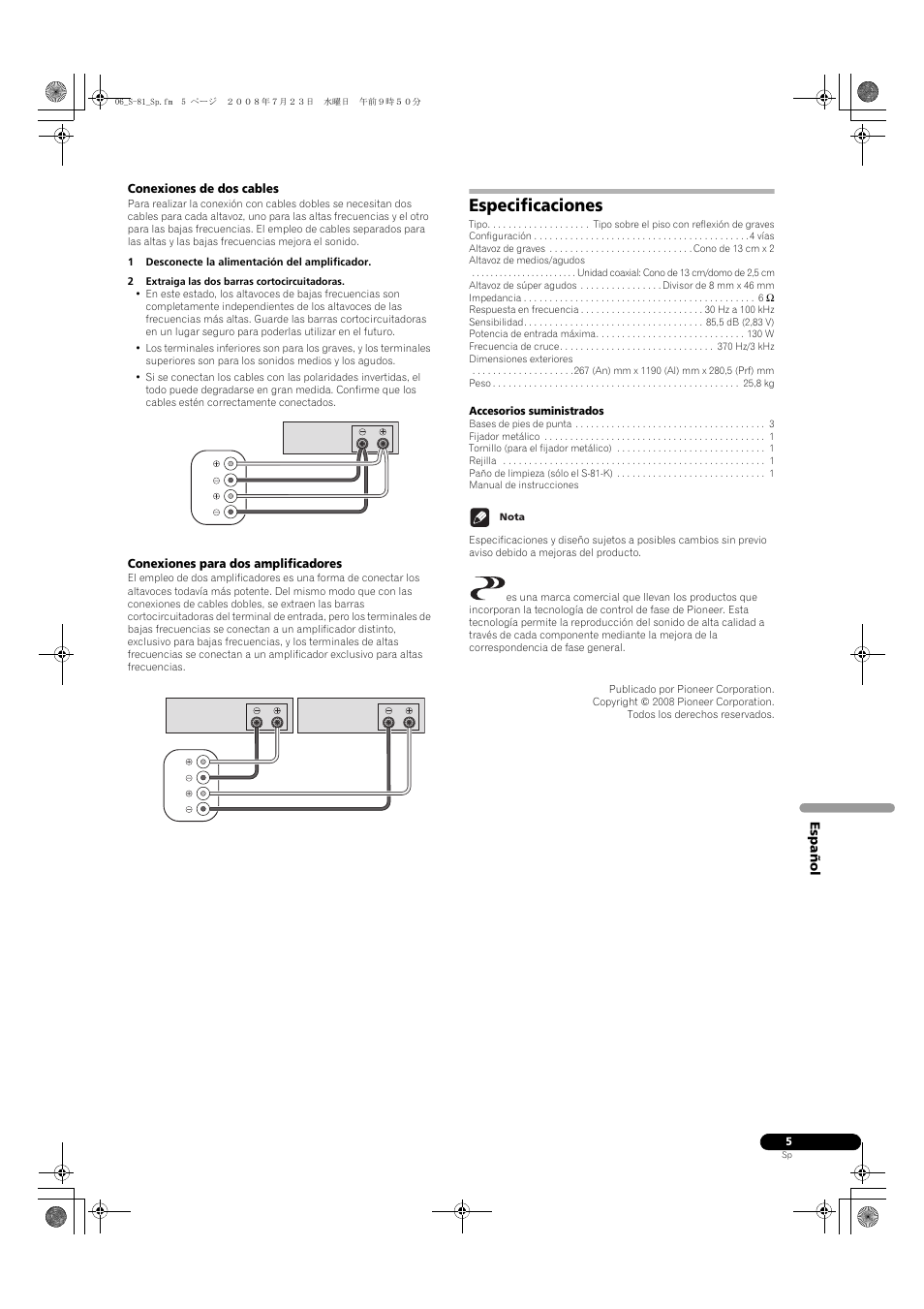Especificaciones | Pioneer S-81-QL User Manual | Page 25 / 54