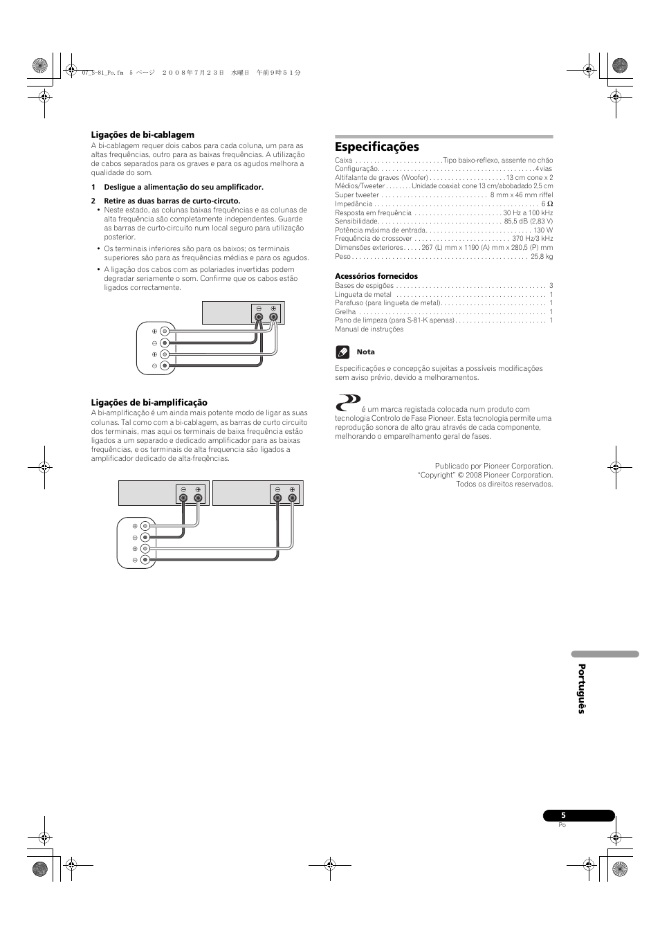 Especificações | Pioneer S-81-QL User Manual | Page 29 / 54