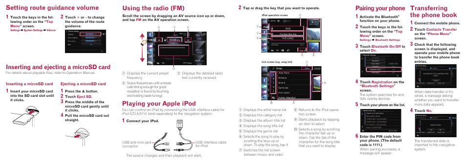 Pairing your phone, Transferring the phone book, Setting route guidance volume | Using the radio (�m) playing your apple ipod, Inserting and ejecting a microsd card | Pioneer AVIC-F9310BT User Manual | Page 2 / 2
