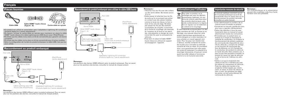 Français, Raccordement au produit embarqué pièces fournies, Informations pour l’utilisateur | Importantes mesures de sécurité | Pioneer CD-IH202 User Manual | Page 3 / 8