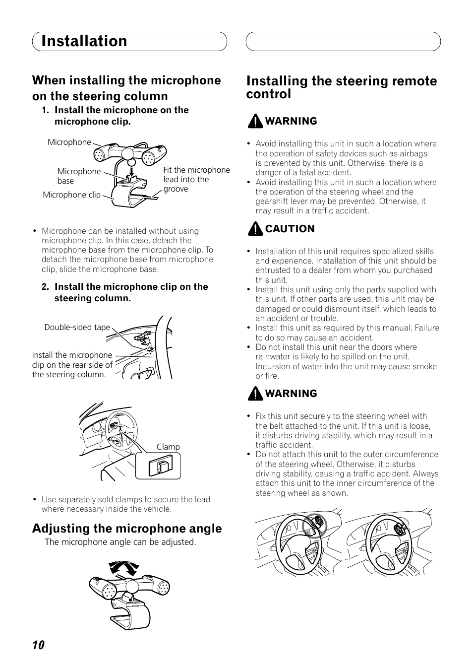 Installing the steering remote control, Installation, Adjusting the microphone angle | Pioneer DEH-P8100BT User Manual | Page 10 / 72