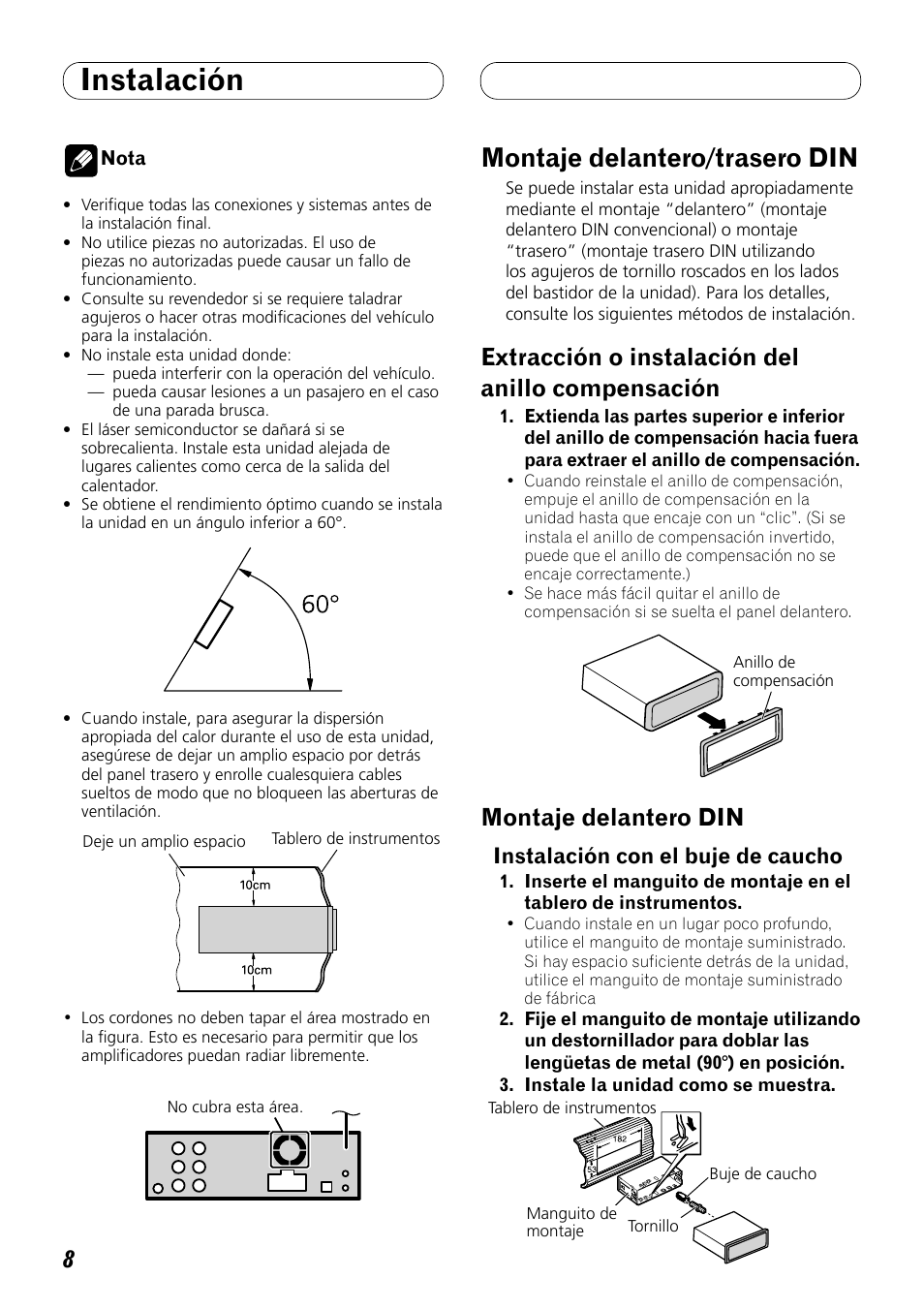 Instalación, Montaje delantero/trasero din, Extracción o instalación del anillo | Compensación, Montaje delantero din, Extracción o instalación del anillo compensación, Instalación con el buje de caucho | Pioneer DEH-P8100BT User Manual | Page 18 / 72