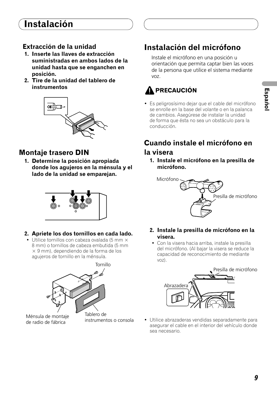 Montaje trasero din, Instalación del micrófono, Cuando instale el micrófono en la visera | Instalación | Pioneer DEH-P8100BT User Manual | Page 19 / 72