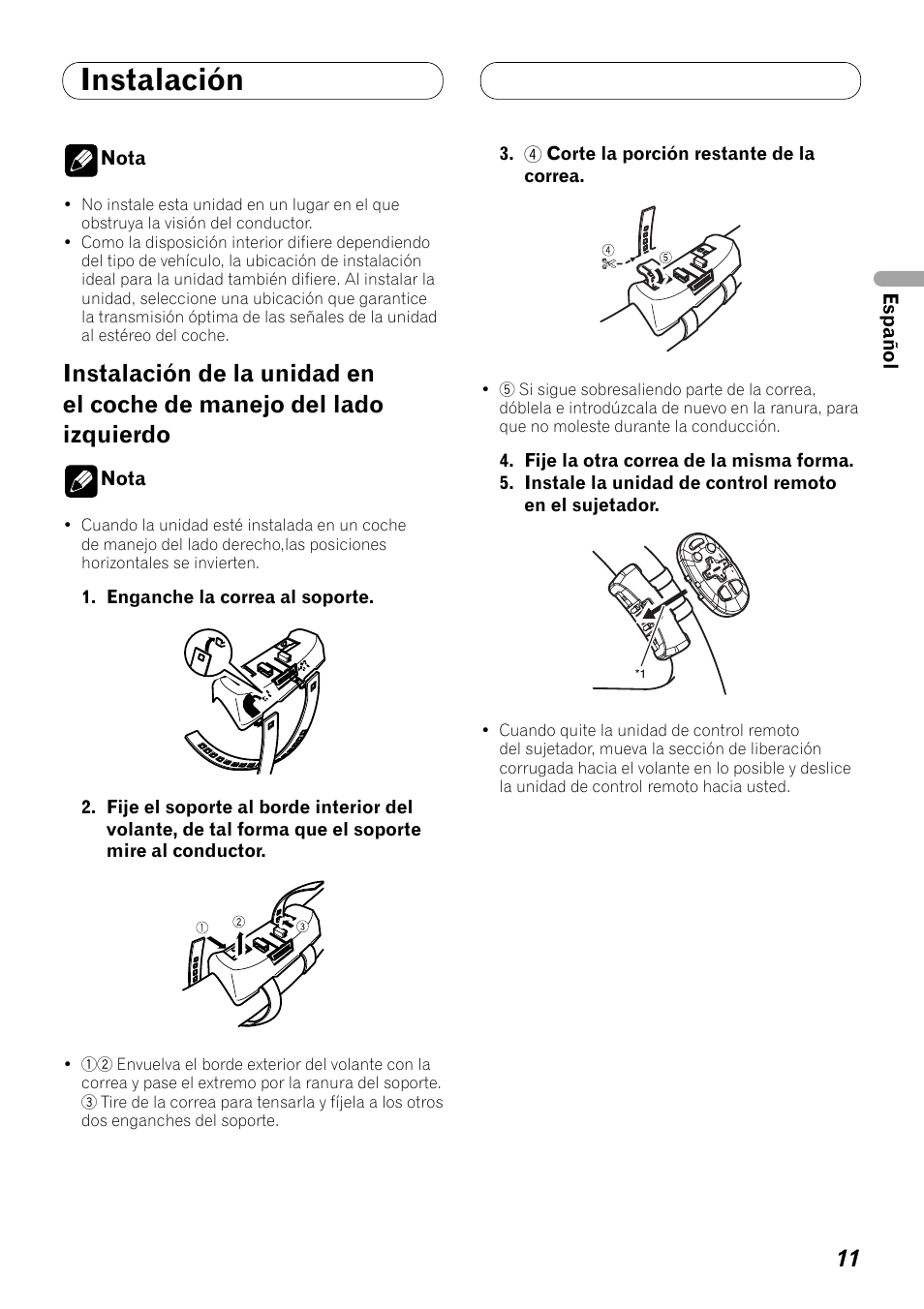 Instalación de la unidad en el coche, De manejo del lado izquierdo, Instalación | Pioneer DEH-P8100BT User Manual | Page 21 / 72